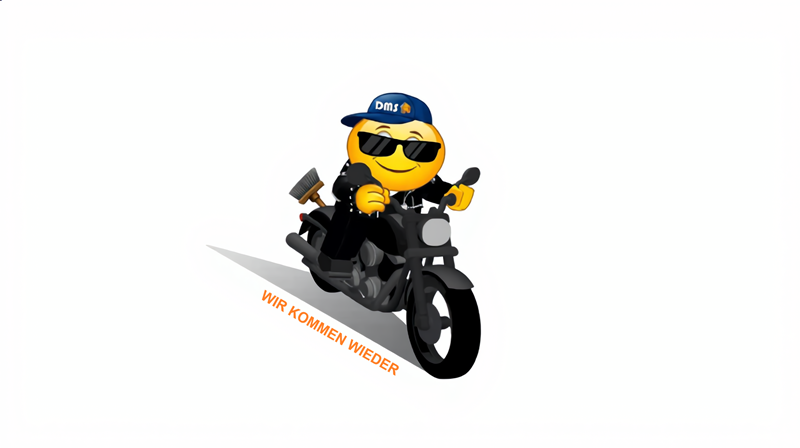DMS Gebäudedienste Maskottchen im Terminator Stil auf Motorrad für die Gebäudereinigung mit festem Personal in Essen – Wir kommen wieder.